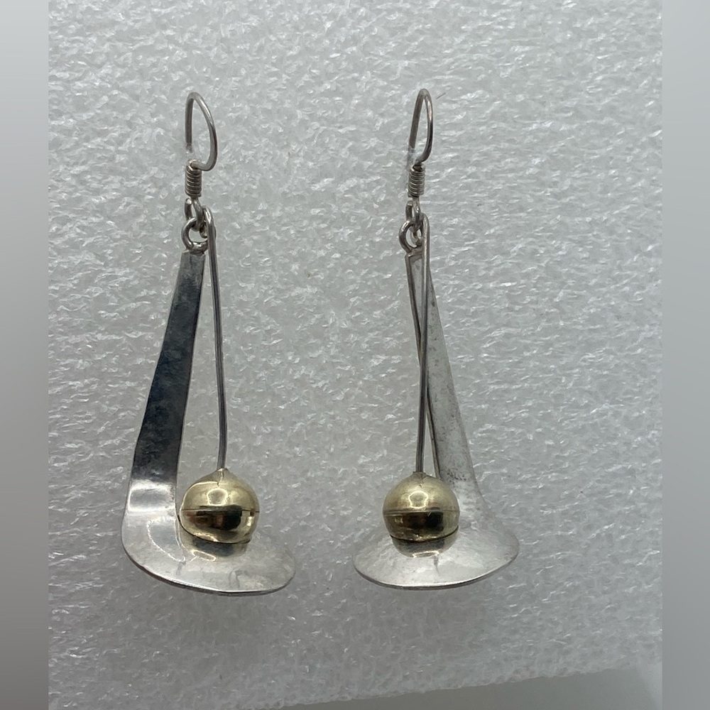 VINTAGE Taxco Sterling Silver Statement Drop Earrings Swirl Ball Suspended Wire